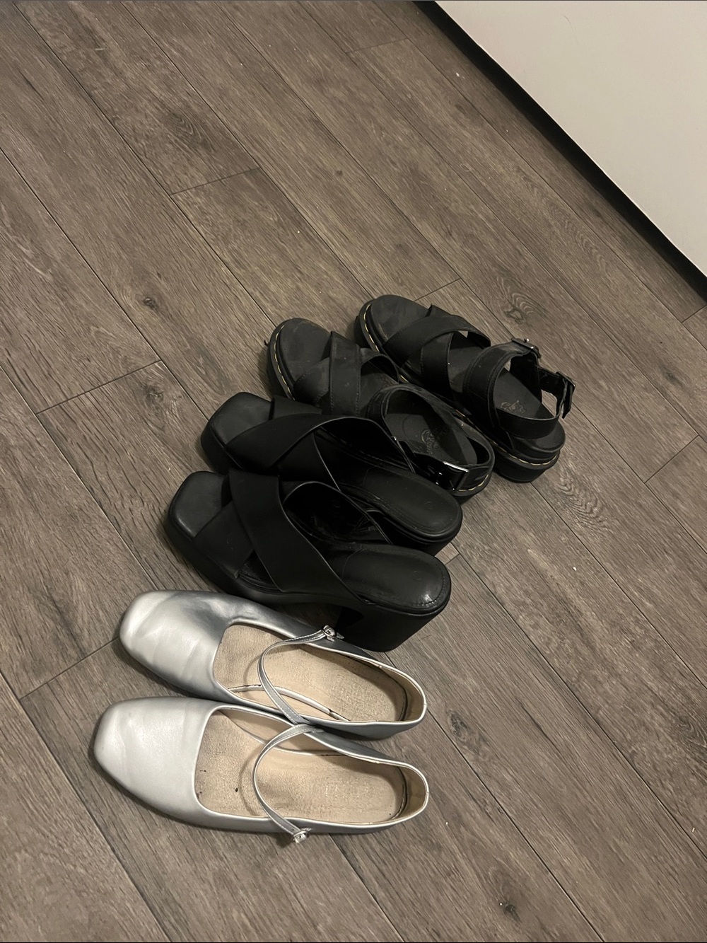 Dr. Martens Black Platform Sandals and Silver Slingback Flats